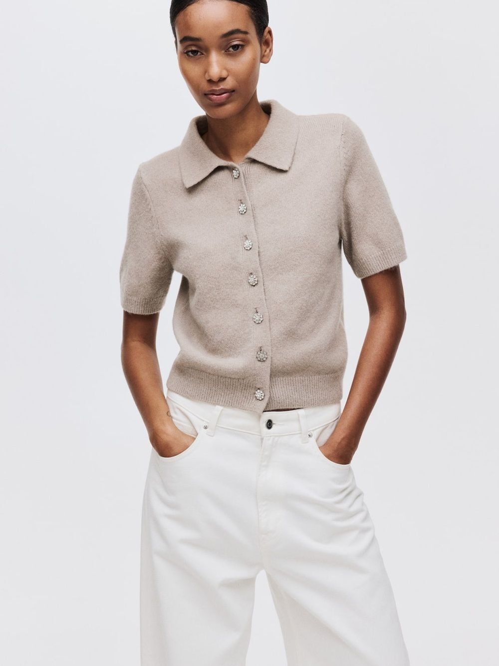 H&M Ribbed Knit Short-Sleeve Cardigan in Taupe